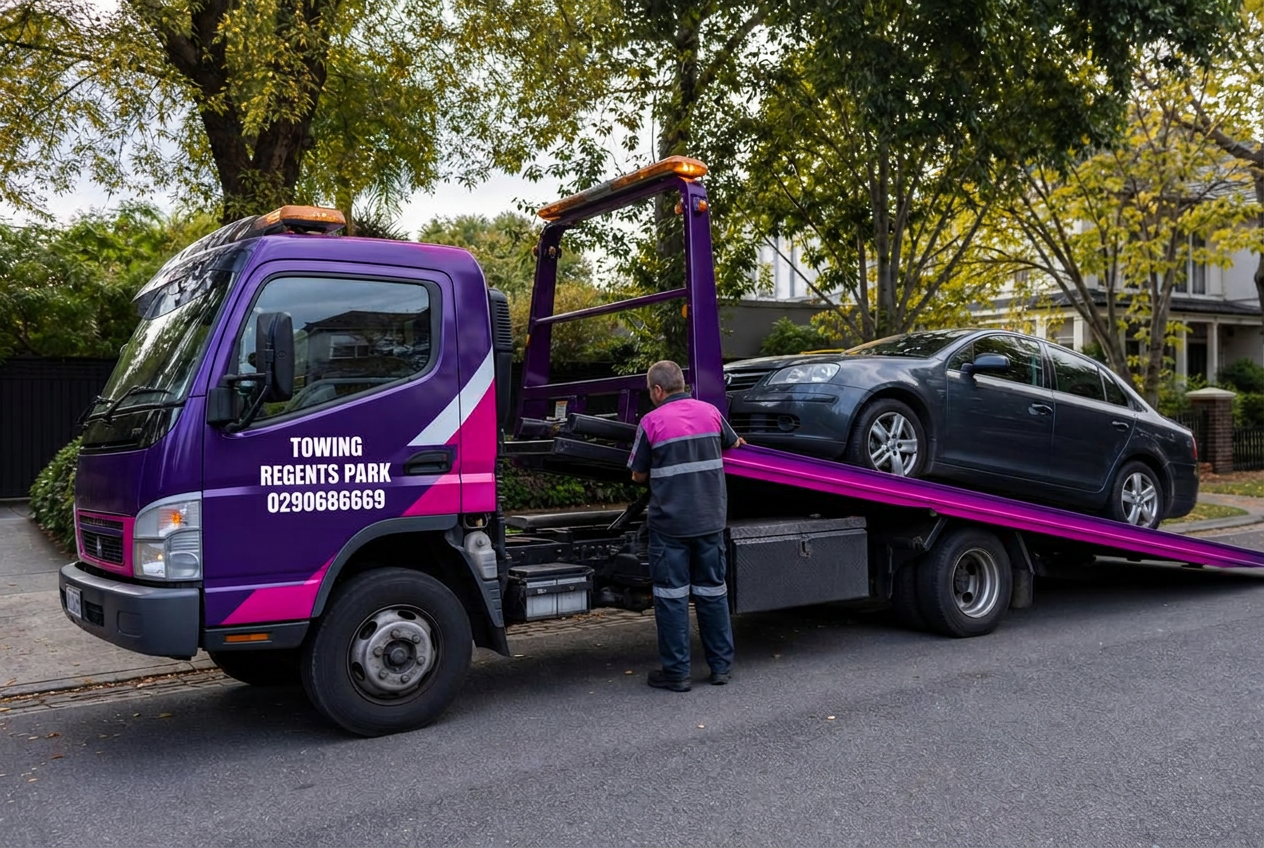 Car being loaded onto a Towing Regents Park flatbed tow truck