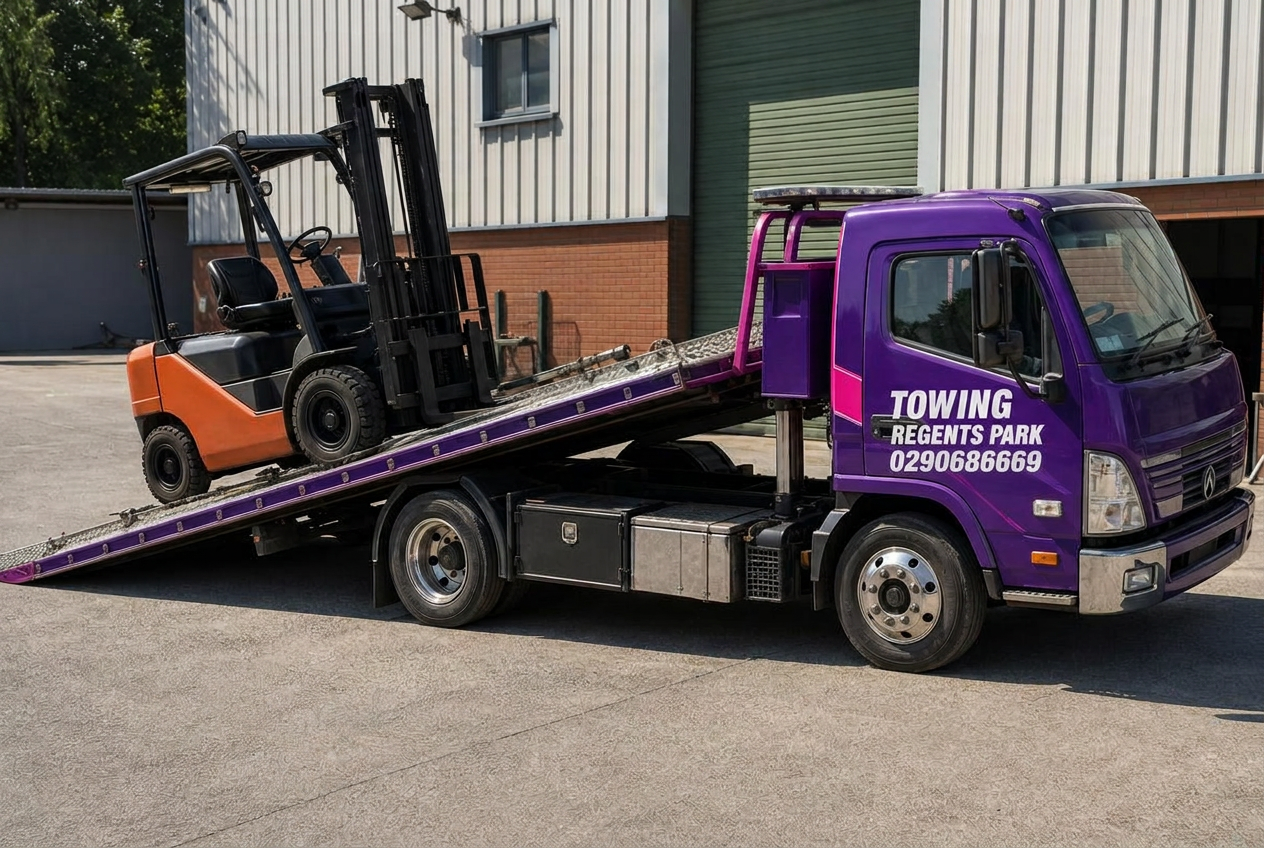 Forklift loaded onto a Towing Regents Park heavy tow truck